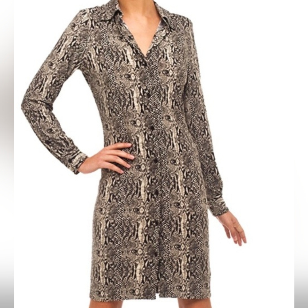 Norma Kamali Long-Sleeve Snake Print Shirt Dress in Beige and Black
